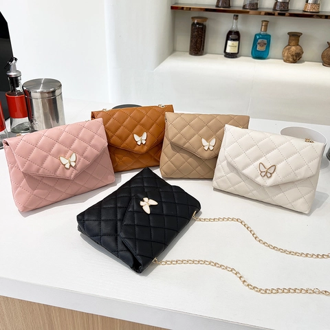 Quilted Rhombus Crossbody Bag PU Leather Butterfly Buckle Gold Chain Strap Elegant Small Square Shoulder Bag For Women