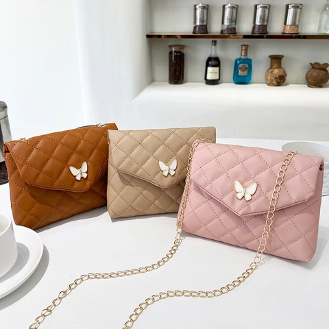 Quilted Rhombus Crossbody Bag PU Leather Butterfly Buckle Gold Chain Strap Elegant Small Square Shoulder Bag For Women