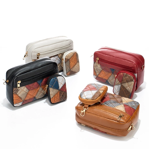 Bolso Bandolera de Cuero PU con Patchwork Vintage para Mujer Bolso de Hombro Cuadrado Chic Color Block con Mini Estuche