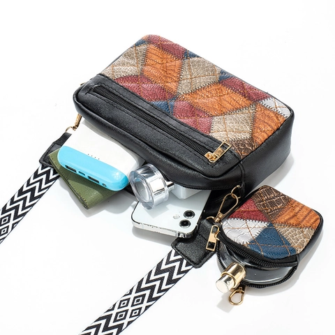 Bolso Bandolera de Cuero PU con Patchwork Vintage para Mujer Bolso de Hombro Cuadrado Chic Color Block con Mini Estuche
