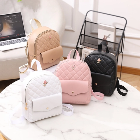 Women Mini Backpack PU Leather Quilted Diamond Pattern Rose Flower Decor Casual Korean Style Fashion Rucksack For Girls