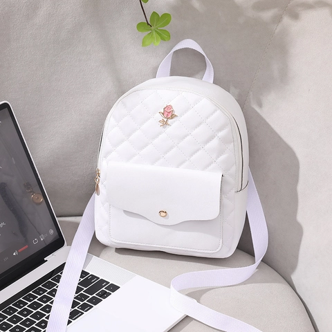 Women Mini Backpack PU Leather Quilted Diamond Pattern Rose Flower Decor Casual Korean Style Fashion Rucksack For Girls