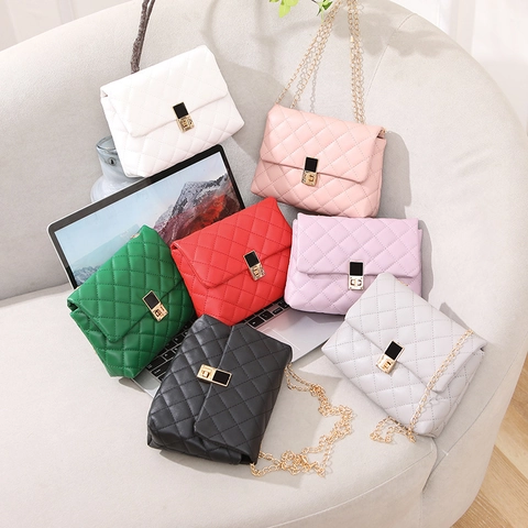 Women's Elegant Quilted Rhombic Shoulder Bag PU Leather Golden Chain Strap Small Square Crossbody Bag Solid Color Evening Satchel