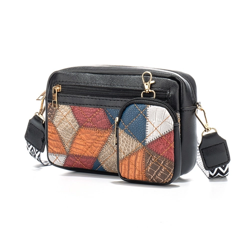 Damen Patchwork Umhängetasche Und Münzbeutel PU Leder Rauten Kleine Quadratische Tasche Retro Geometrische Schultertasche Breiter Gurt Handtasche