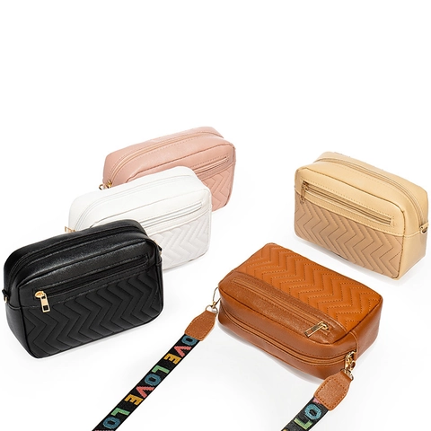 Women Quilted PU Leather Shoulder Bag Colorful Letter Strap V-Shaped Pattern Camera Bag Casual Crossbody Small Square Bag