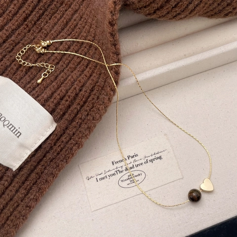 Collar Con Colgante De Corazón De Piedra Ojo De Tigre Natural Chapado En Oro Real Cobre Joyería Minimalista Vintage Mujer