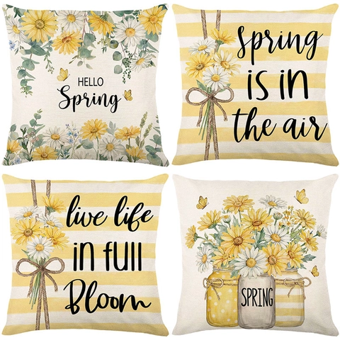 Lente Zonnebloem Madeliefje Bloemenprint Kussenhoes Polyester Linnen Textuur Decoratieve Sierkussenhoes Voor Bank Woonkamer