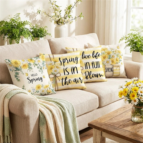 Lente Zonnebloem Madeliefje Bloemenprint Kussenhoes Polyester Linnen Textuur Decoratieve Sierkussenhoes Voor Bank Woonkamer