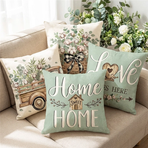 Farmhouse Deko Kissenbezug Leinenoptik Polyester Aquarell Vintage Truck Baumwolle Blumendruck Rustikaler Kissenbezug Wohndeko