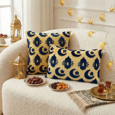 Fodera Per Cuscino Ramadan Eid Mubarak Poliestere Peluche Ciuffi Motivo Luna Stella Lanterna Cuscino Decorativo Divano Soggiorno
