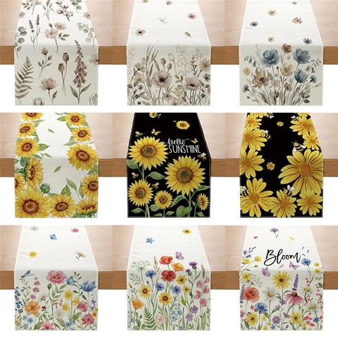 Runner Da Tavola Con Stampa Floreale Poliestere Effetto Lino Girasole Fiore Di Campo Decorazione Pastorale Per Tavolo Cucina