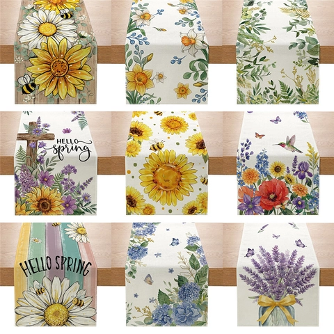 Lente Bloemen Tafelloper Linnen Textuur Zonnebloem Madeliefje Lavendel Patroon Keuken Eetkamer Tafeldecoratie Voor Dagelijks Gebruik