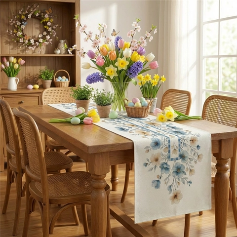 Floral Table Runner Linen Look Decorative Polyester Fabric For Dining Room Kitchen Pastoral Style Butterfly Print