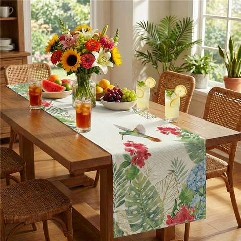Runner Da Tavola Tessuto Poliestere Motivo Fiori Uccelli Creature Marine Decorazione Cucina Sala Da Pranzo Stile Mediterraneo Estate
