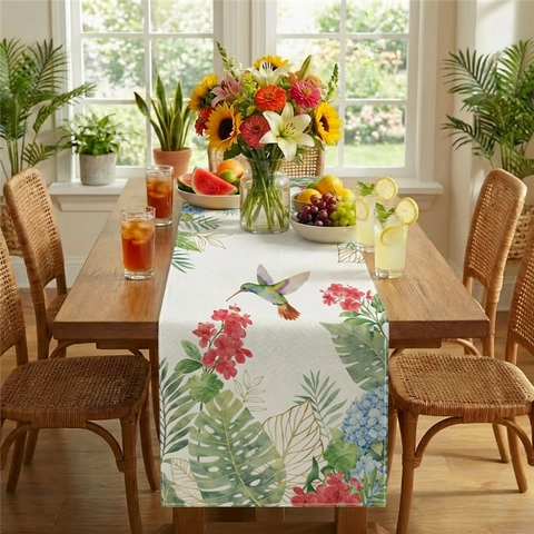 Runner Da Tavola Tessuto Poliestere Motivo Fiori Uccelli Creature Marine Decorazione Cucina Sala Da Pranzo Stile Mediterraneo Estate