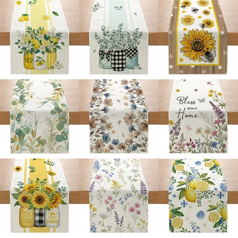 Spring Summer Table Runner Sunflower Lemon Floral Faux Linen Polyester Kitchen Dining Table Decoration For Home Decor