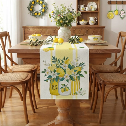 Spring Summer Table Runner Sunflower Lemon Floral Faux Linen Polyester Kitchen Dining Table Decoration For Home Decor