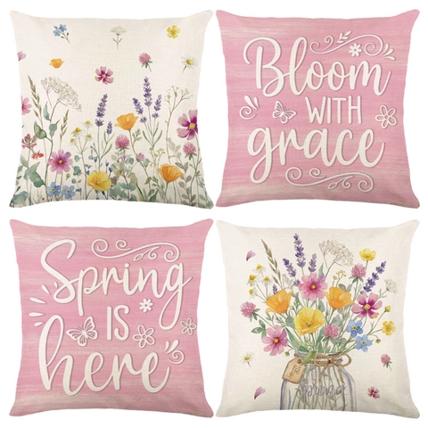 Housse de Coussin Aquarelle Fleurs Printanières Aspect Lin Polyester Bloom With Grace Décor Salon Chambre