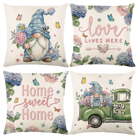 Pastoral Style Hydrangea Gnome Floral Butterfly Print Linen Look Polyester Cushion Covers For Sofa Couch Home Decor