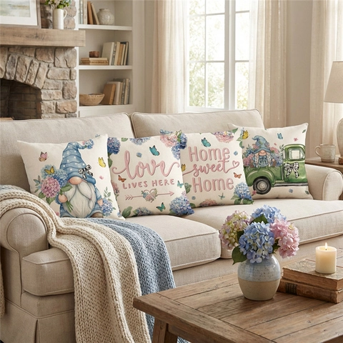 Pastoral Style Hydrangea Gnome Floral Butterfly Print Linen Look Polyester Cushion Covers For Sofa Couch Home Decor