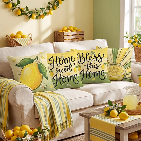 Lemon Fruit Print Polyester Pillow Covers Farmhouse Decorative Cushion Covers Home Sweet Home Bless This Home Pattern For Living Room Bedroom Sofa