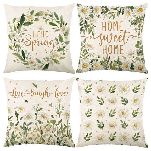 Gänseblümchen Blume Frühling Brief Druck Kissenbezug Nordisch Polyester Leinenoptik Dekorative Kissenhülle Für Sofa Haus Dekor