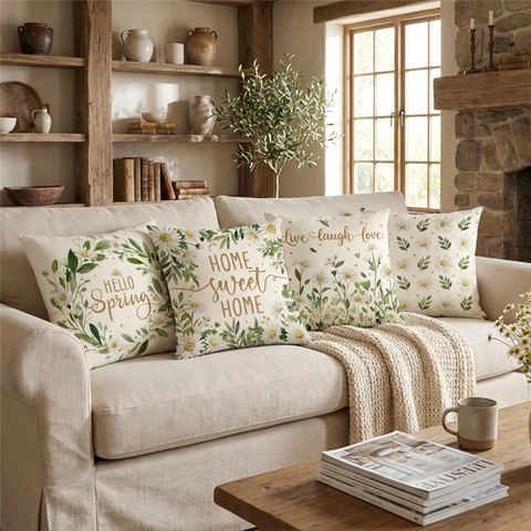 Gänseblümchen Blume Frühling Brief Druck Kissenbezug Nordisch Polyester Leinenoptik Dekorative Kissenhülle Für Sofa Haus Dekor