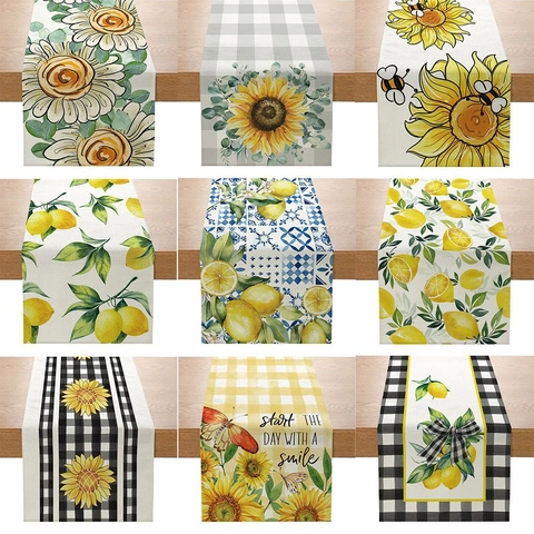 Sunflower Lemon Table Runner Polyester Linen Texture Farmhouse Floral Bee Print Kitchen Dining Room Home Decor