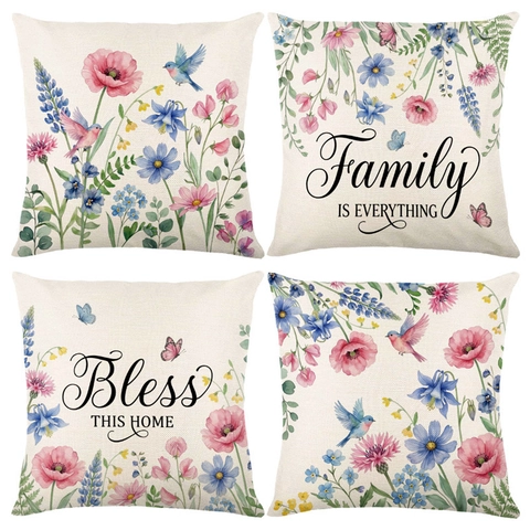 Floral Bird Watercolor Sofa Throw Pillow Cover Family Bless Letter Print Polyester Linen Look Decorative Cushion Case Couch