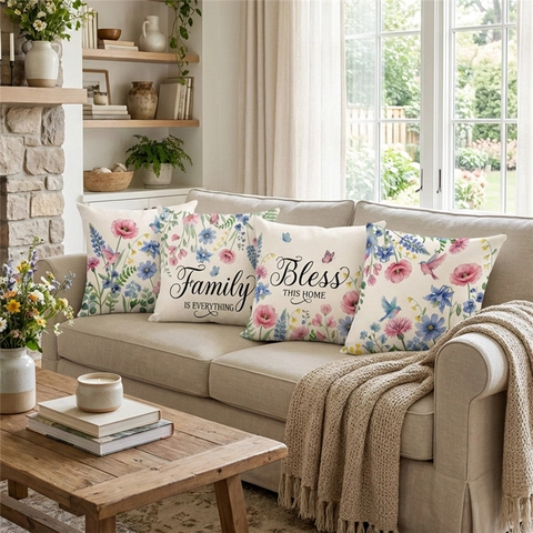 Floral Bird Watercolor Sofa Throw Pillow Cover Family Bless Letter Print Polyester Linen Look Decorative Cushion Case Couch