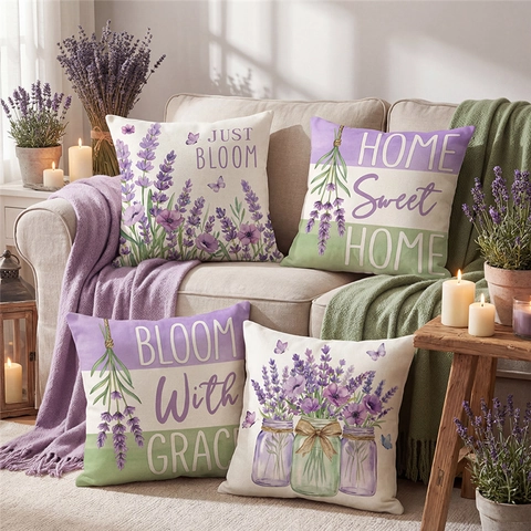 Fodera per Cuscino con Lavanda e Farfalle Viola Stile Nordico Country Custodia Quadrata in Poliestere per la Casa