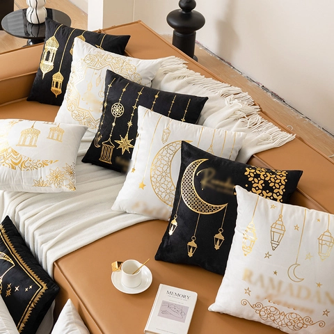 Ramadan Kissenbezug Kurzplüsch Goldfolie Mond Stern Dekorative Kissenhülle Wohnzimmer