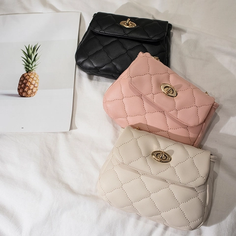 Women Quilted Crossbody Bag PU Leather Small Square Purse With Golden Chain Strap And Turn Lock Elegant Style Shoulder Bag