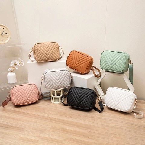 Women Camera Crossbody Bag PU Leather V-Quilted Chevron Pattern With Adjustable Wide Strap Gold Hardware Casual Style