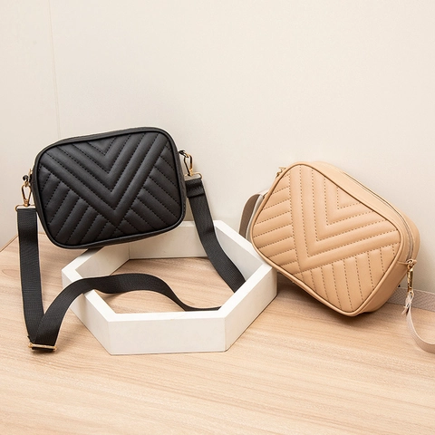 Women Camera Crossbody Bag PU Leather V-Quilted Chevron Pattern With Adjustable Wide Strap Gold Hardware Casual Style