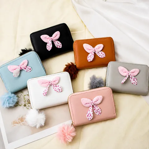 Women Mini Coin Purse Cute PU Leather Short Wallet With Polka Dot Bow And Plush Ball Pendant Zip Card Holder For Girls