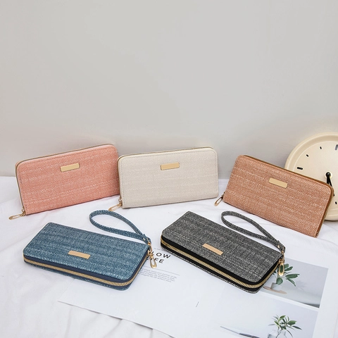 Damen Mode Lange Reißverschluss Brieftasche Fischgrätenmuster PU Leder Handtasche Mit Handschlaufe Gold Metalldekor Phone Clutch