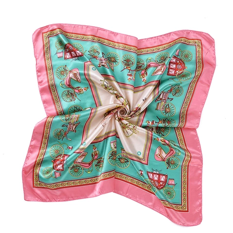 Women Vintage Carriage Floral Print Satin Square Scarf Large Simulated Silk Fashion Shawl Wrap Hijab Headscarf For Lady Office Party
