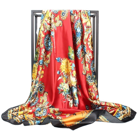 Paisley Floral Print Satin Square Scarf Satin Like Headscarf Retro Women Wrap Hijab