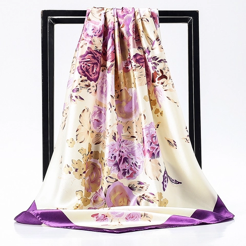 Women Elegant Satin Square Scarf Floral Rose Butterfly Print Headscarf Large Lightweight Fashion Neck Wrap Shawl Hijab