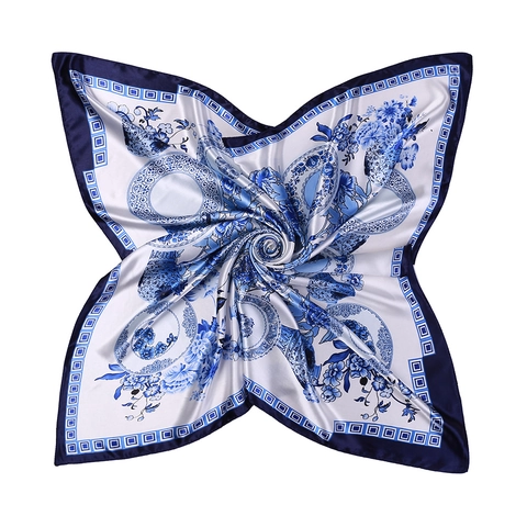 Eleganter Satin Quadrathandschuh Blau Weiß Porzellan Blumenmuster Satinngefühl Schal Für Damen