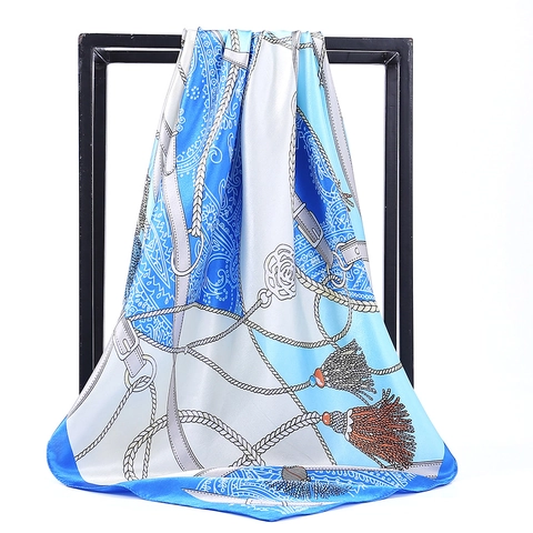 Foulard Quadrato Raso Donna Lusso Stampa Catena Satén Sciarpa Collo Retro Elegante
