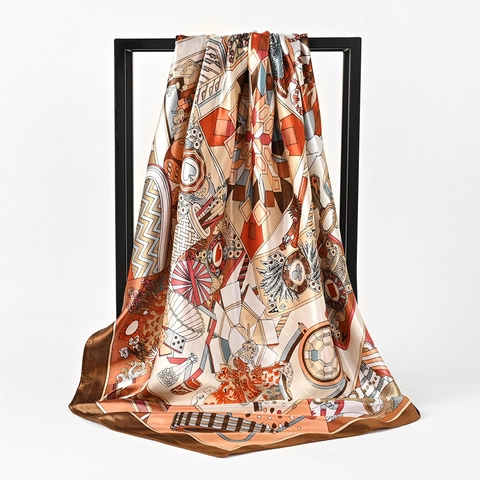 Large Square Satin Scarf Women Polyester Satin Elegant Artistic Poker Geometric Print Head Accessory Decorative Neck Kerchief