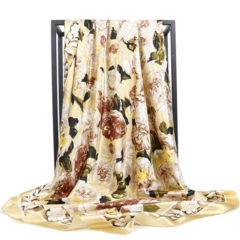 Vintage Floral Print Satin Simulated Satin Square Scarf Elegant Headscarf Shawl Hijab For Women