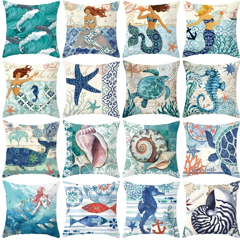 Mediterrane Oceaan Nautische Kussenhoes Perzikhuid Fluweel Zeemeermin Anker Kussenhoes Home Sofa Decor Retro