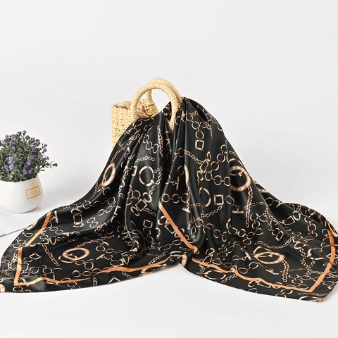 Foulard Carré Femme Satin Aspect Satin Foulard Imprimé Chaîne Accessoire De Mode Élégant