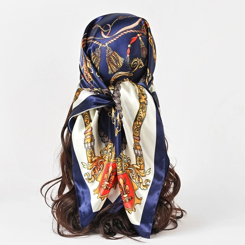 Vintage Baroque Pattern Satin Square Scarf Women Luxury Chain Print Large Bandana Head Wrap Silk Like Fashion Neck Scarf Sunscreen Shawl