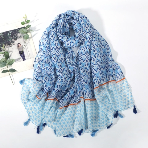 Women Fashion Scarf Shawl Polyester Bali Yarn Printed Heart Wave Pattern Tassel Trim Bohemian Lightweight Sunscreen