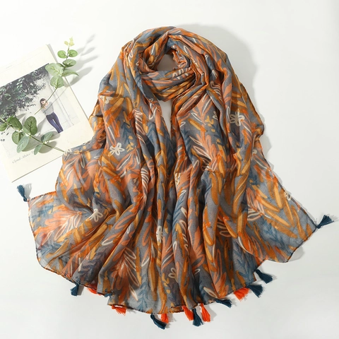 Bohemian Scarf Shawl Polyester Voile Abstract Leaf Print Tassels Lightweight Sun Protection Breathable For Women