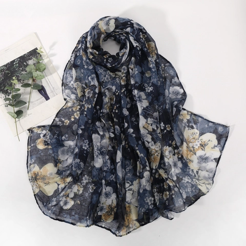 Écharpe Femme Imprimé Floral Élégant Léger Voile Châle Respirant Protection Solaire Rétro Accessoire